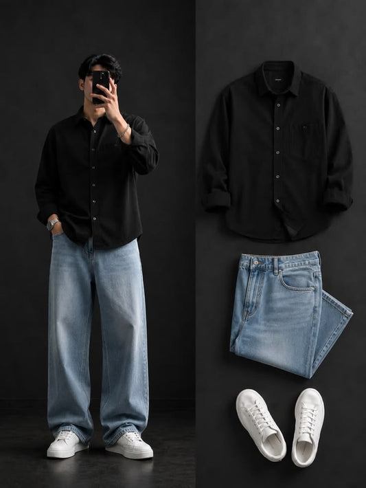 Men's Classic Black Shirt Combo with Light Blue Denim Jeans & White Sneakers – Casual Smart Outfit Set