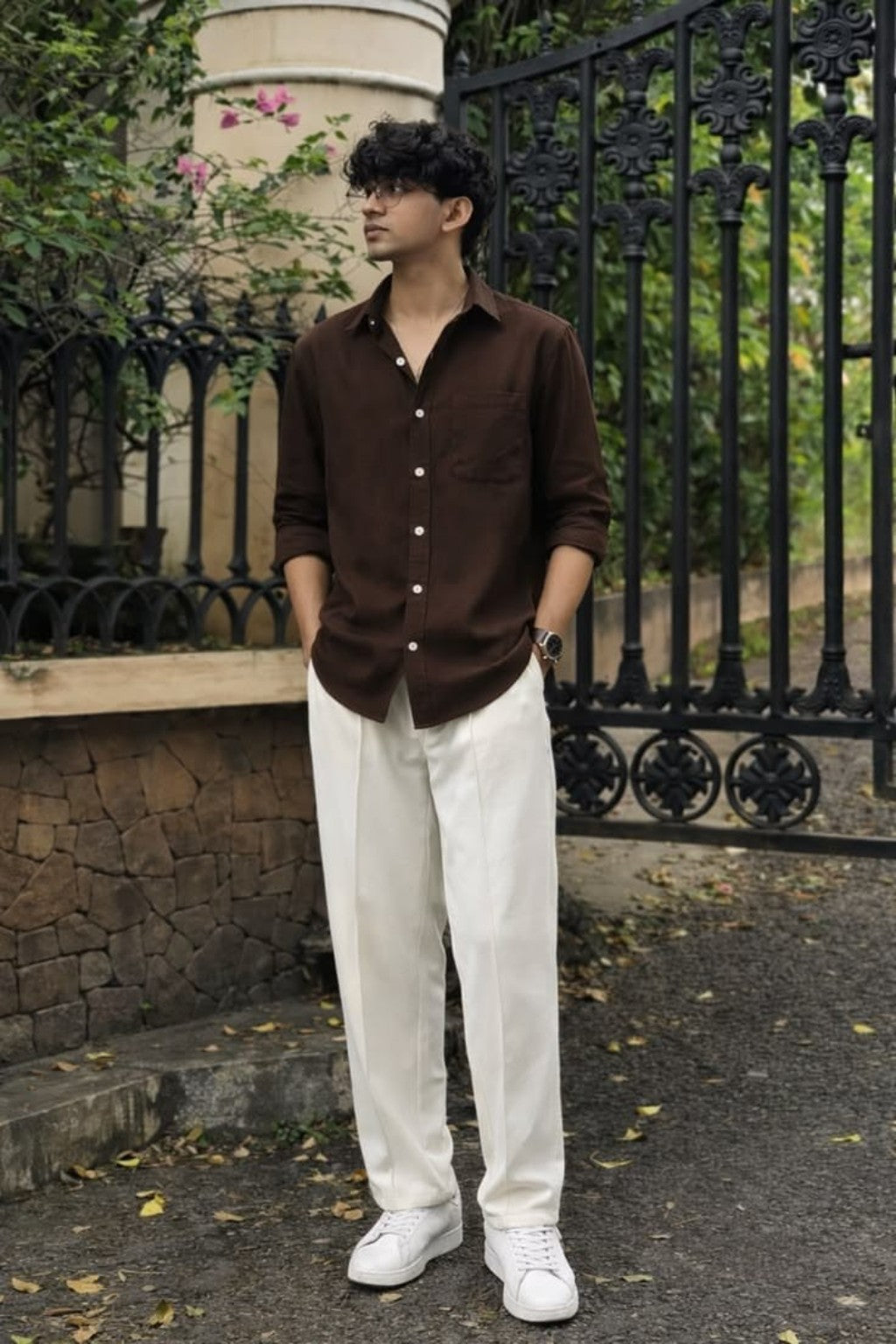 Men's Chocolate Brown Casual Shirt Combo with Off-White Trousers & White Sneakers – Premium Smart Casual Outfit Set