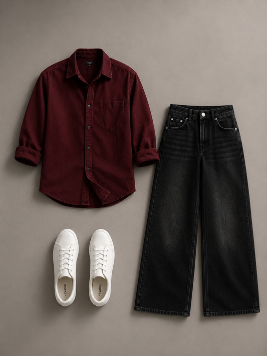 Men's Maroon Casual Shirt Combo with Black Wide-Leg Jeans & White Sneakers – Trendy Streetwear Outfit Set