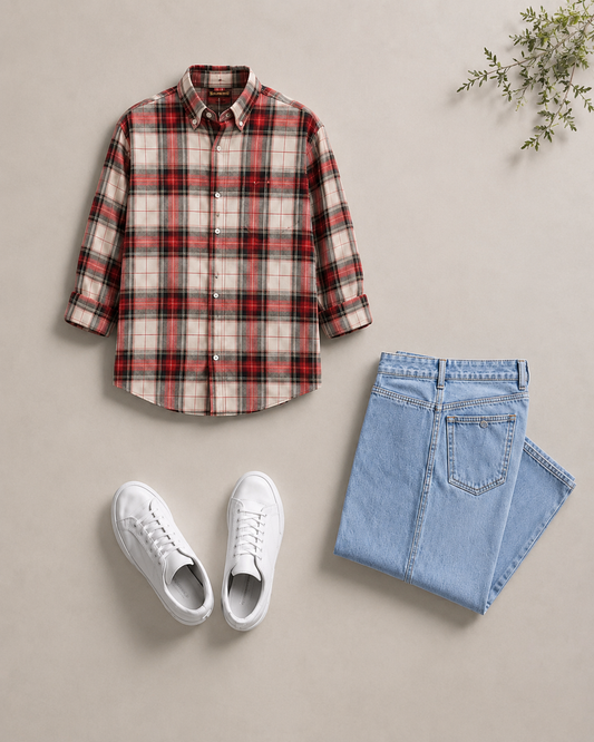 Men's Casual Plaid Shirt Combo with Light Blue Denim Jeans & White Sneakers – Smart Everyday Outfit Set