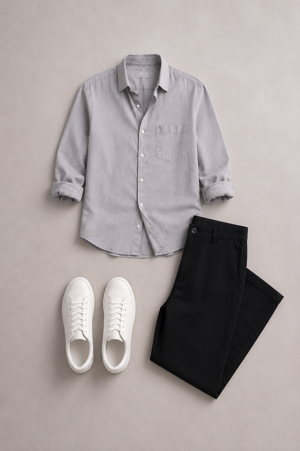 Men's Light Grey Casual Shirt Combo with Black Trousers & White Sneakers – Smart Casual Outfit Set