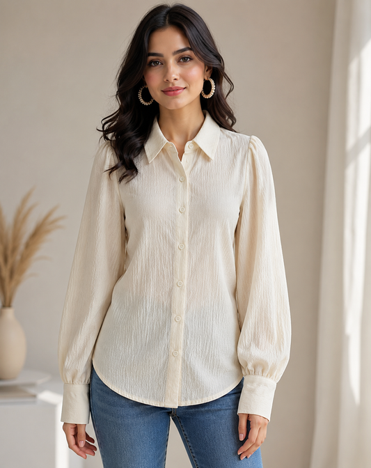 Apricot Textured Puff Sleeve Shirt for Women