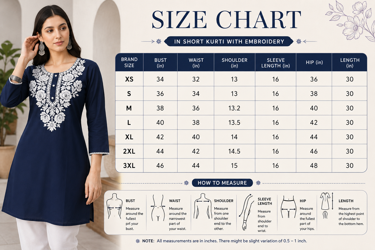 Navy Blue Embroidered Short Kurti for Women