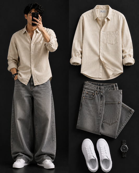 Men's Casual Shirt with Grey Baggy Jeans – Trendy College Outfit Set