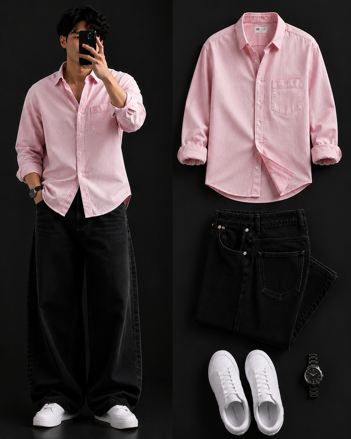 Men's Casual Shirt with Black Loose Fit Jeans – Trendy College Outfit Set