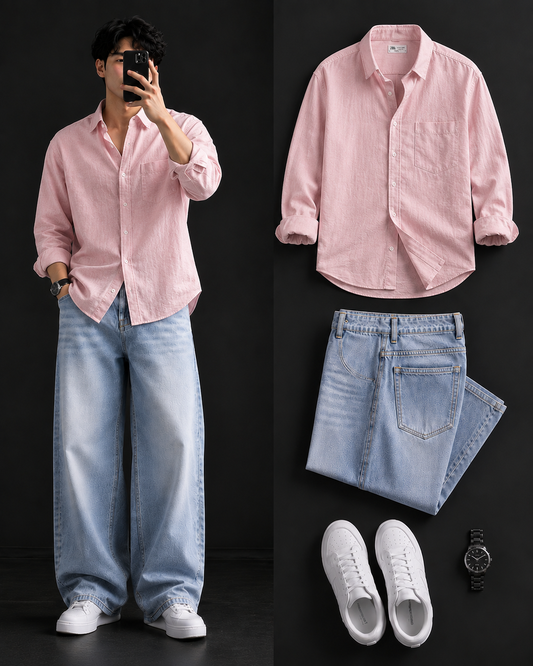 Men's Casual Shirt with Ice Blue Baggy Jeans – Trendy College Outfit Set