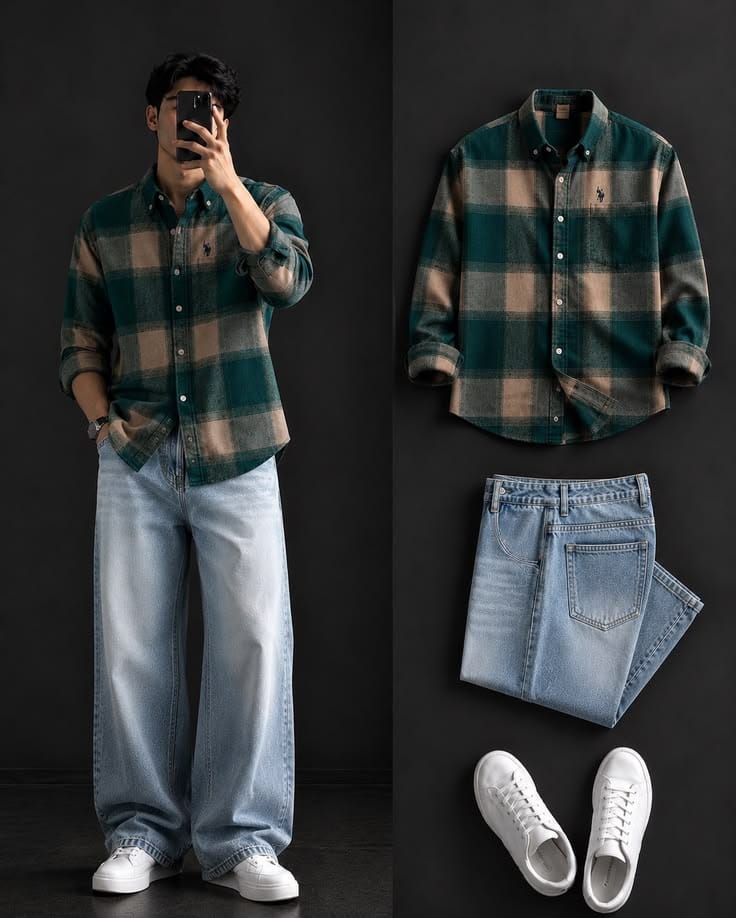 Men's Green Plaid Shirt & Light Blue Loose Jeans – Trendy Casual College Outfit Set