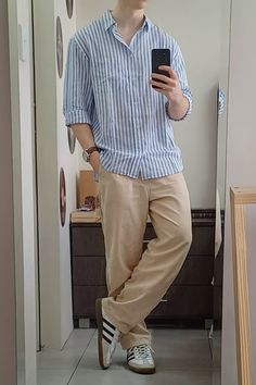 Men's Blue & White Striped Shirt Combo with Beige Chinos & White Sneakers – Smart Casual Outfit Set
