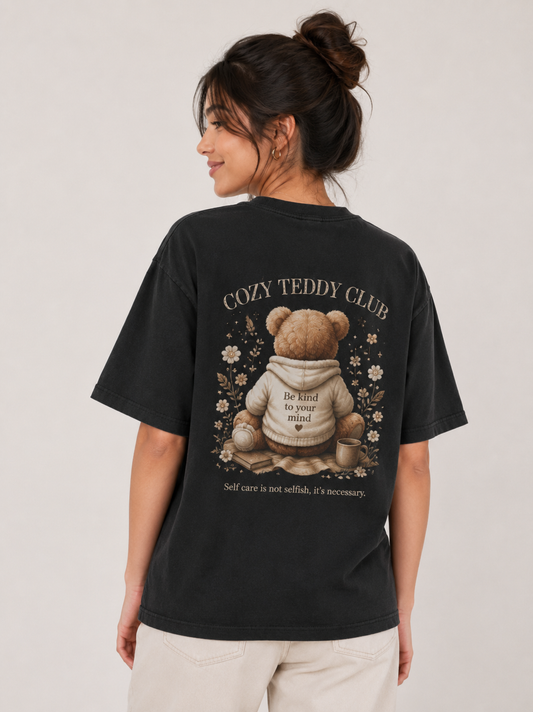 Cozy Teddy Club Oversized Graphic Printed T-Shirt – Black