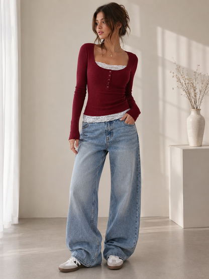 Burgundy Lace-Trimmed Ribbed Long Sleeve Top