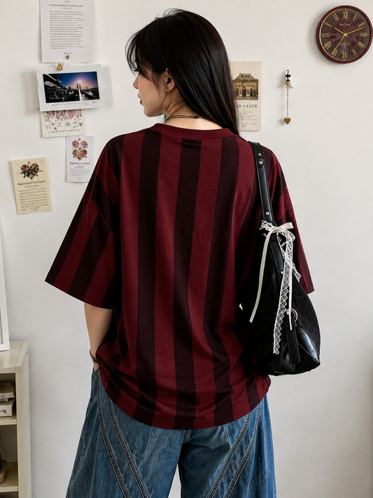 Maroon & Black Striped Oversized Olympics T-Shirt for Women