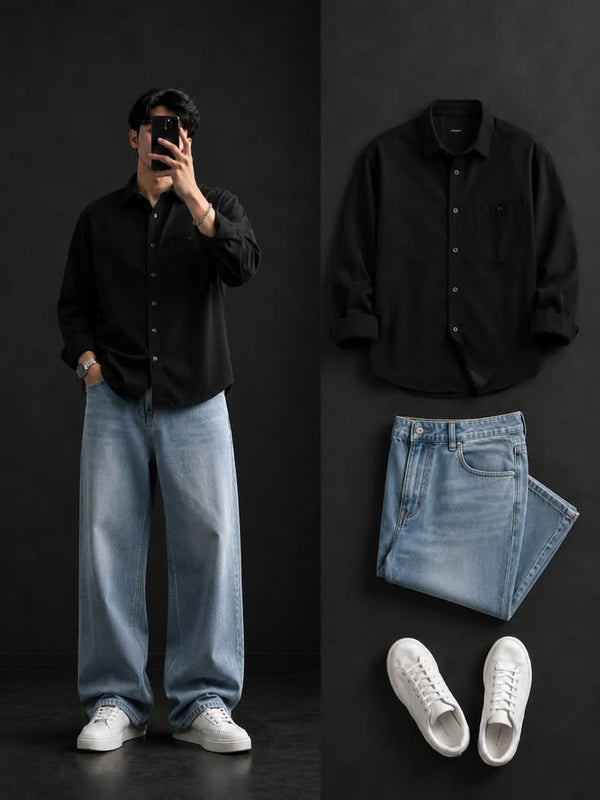 Men's Classic Black Shirt Combo with Light Blue Denim Jeans & White Sneakers – Casual Smart Outfit Set