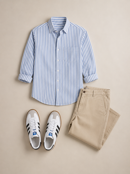 Men's Blue & White Striped Shirt Combo with Beige Chinos & White Sneakers – Smart Casual Outfit Set