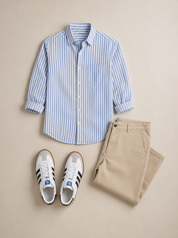 Men's Blue & White Striped Shirt Combo with Beige Chinos & White Sneakers – Smart Casual Outfit Set