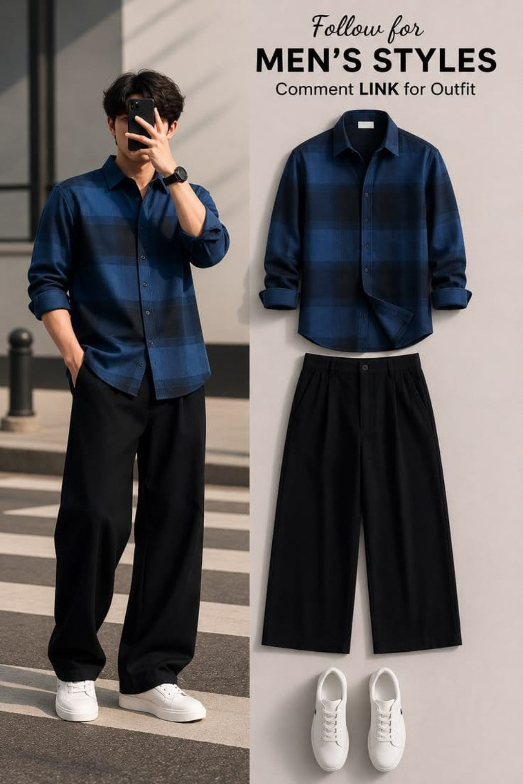 Men's Navy Checkered Shirt Combo with Black Wide-Leg Trousers & White Sneakers – Smart Casual Outfit Set