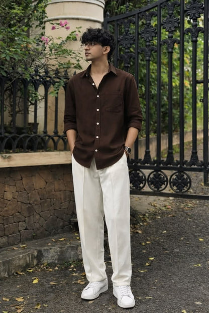 Men's Chocolate Brown Casual Shirt Combo with Off-White Trousers & White Sneakers – Premium Smart Casual Outfit Set