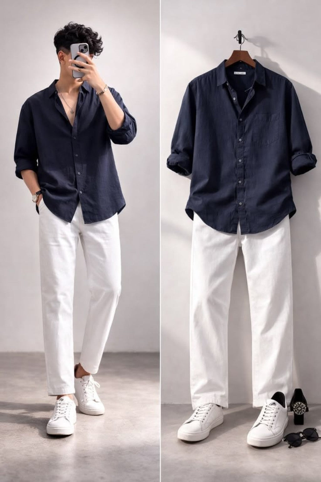 Men's Navy Blue Casual Shirt Combo with White Jeans & White Sneakers – Modern Smart Casual Outfit Set