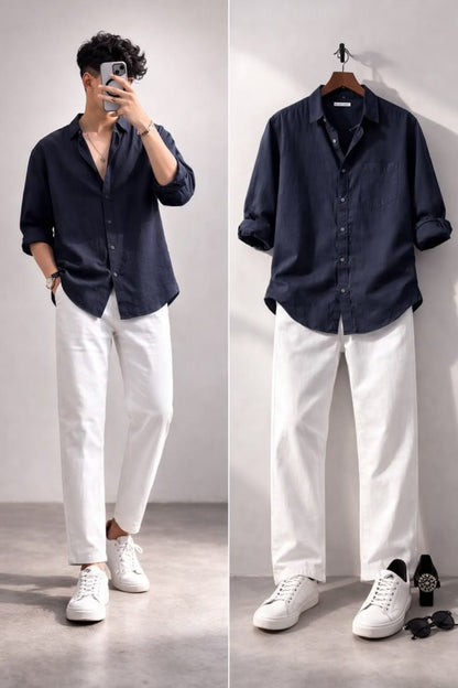 Men's Navy Blue Casual Shirt Combo with White Jeans & White Sneakers – Modern Smart Casual Outfit Set