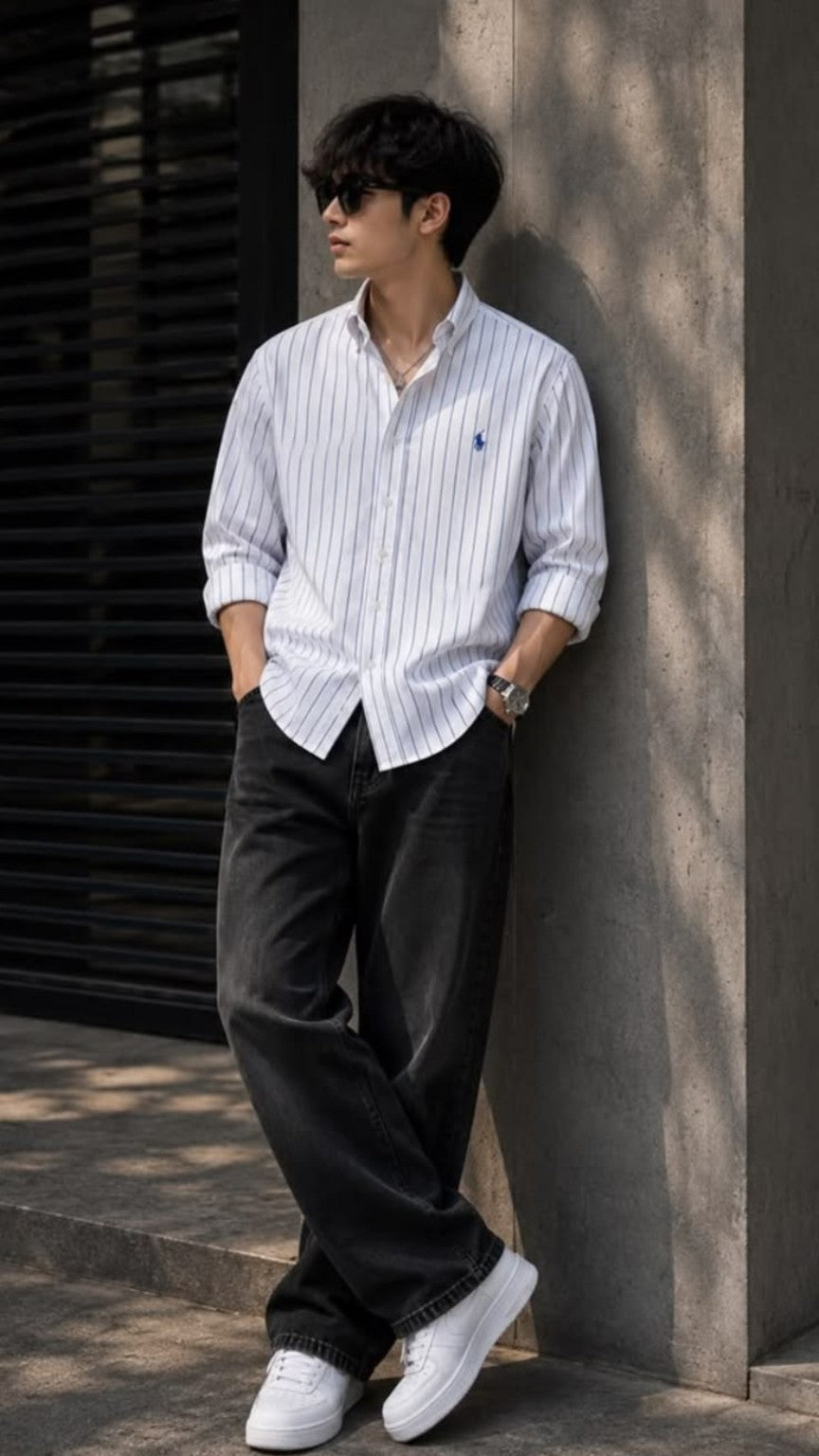 Men's White Pinstripe Shirt Combo with Black Wide-Leg Jeans & White Sneakers – Smart Casual Outfit Set