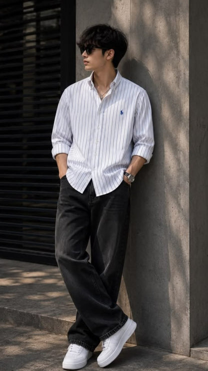 Men's White Pinstripe Shirt Combo with Black Wide-Leg Jeans & White Sneakers – Smart Casual Outfit Set