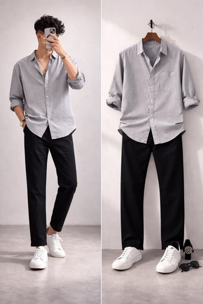 Men's Light Grey Casual Shirt Combo with Black Trousers & White Sneakers – Smart Casual Outfit Set