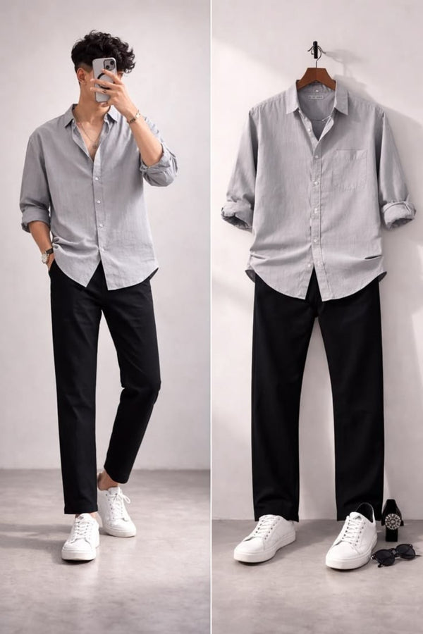 Men's Light Grey Casual Shirt Combo with Black Trousers & White Sneakers – Smart Casual Outfit Set