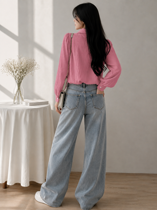 Pink Textured Puff Sleeve Shirt for Women