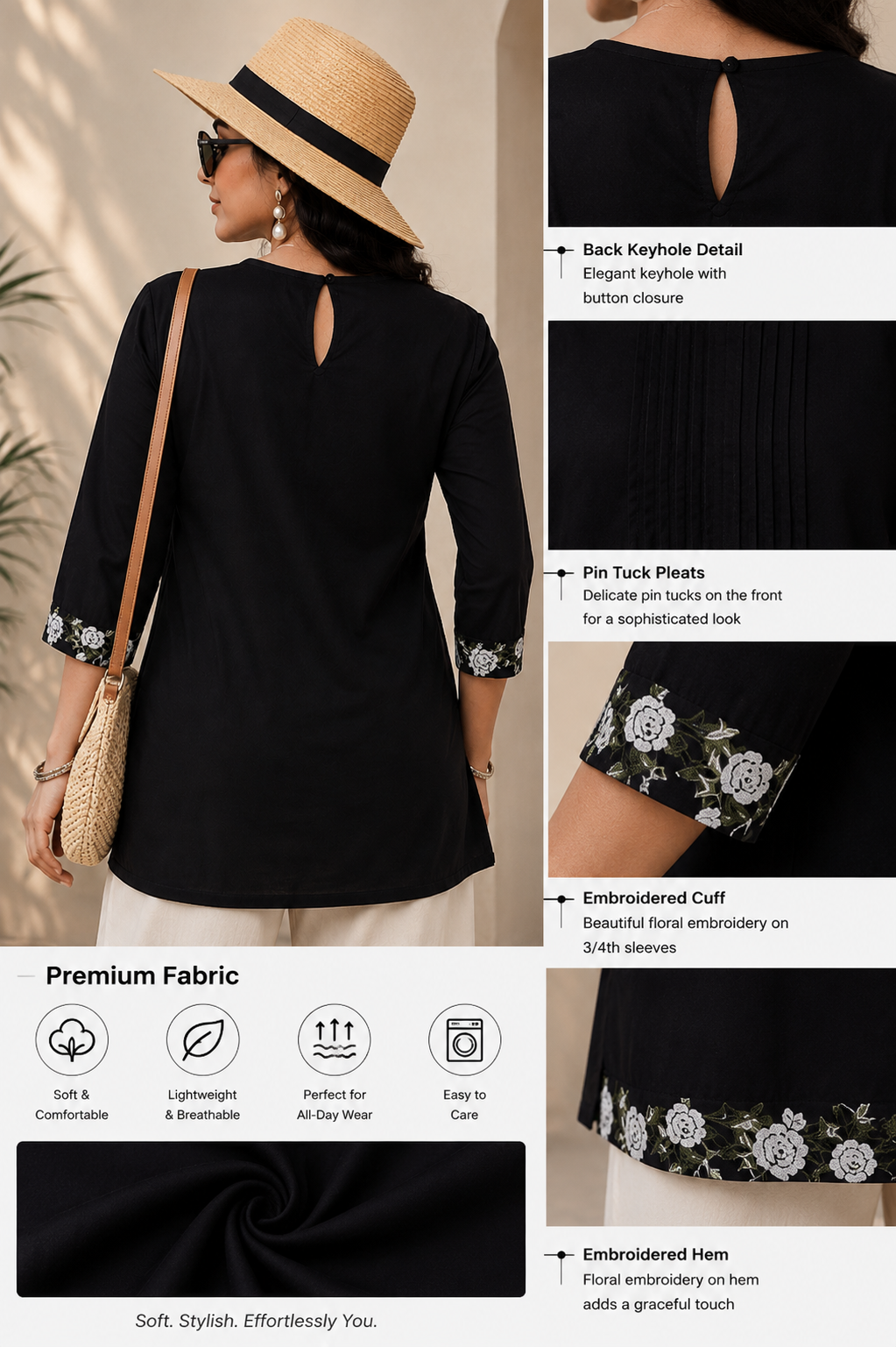 Black Floral Border Pleated Front Kurti for Women