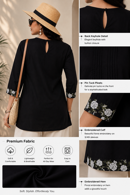 Black Floral Border Pleated Front Kurti for Women