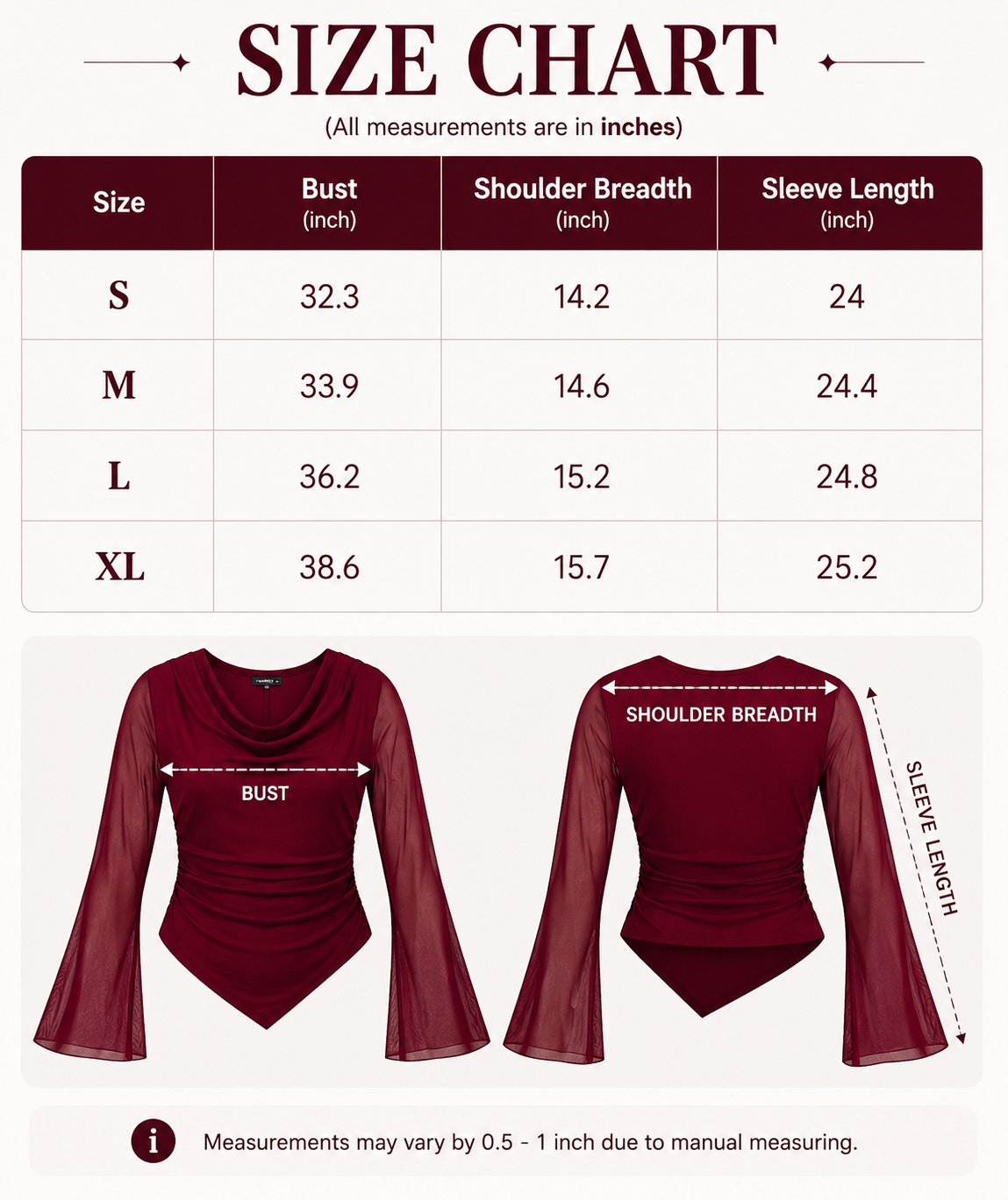 Burgundy Cowl Neck Top with Mesh Bell Sleeves