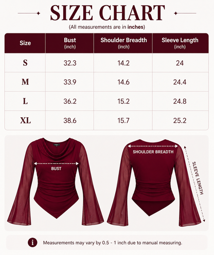 Burgundy Cowl Neck Top with Mesh Bell Sleeves