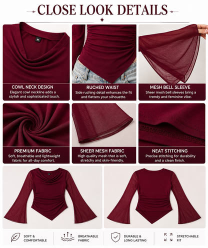 Burgundy Cowl Neck Top with Mesh Bell Sleeves
