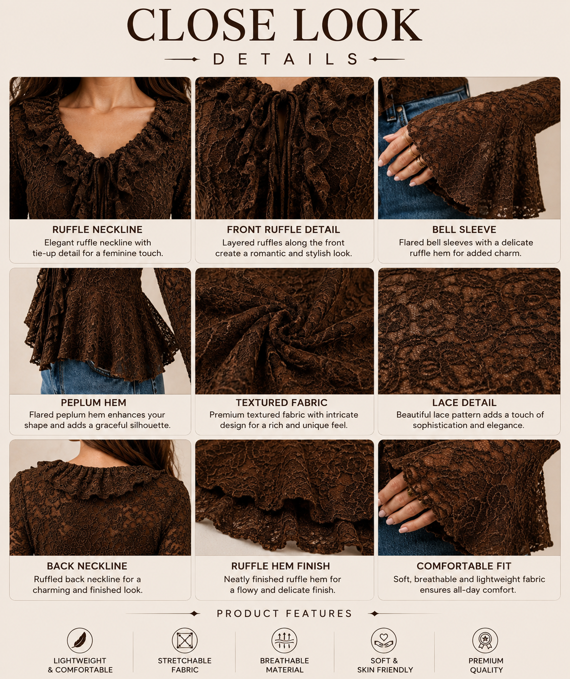 Chocolate Brown Textured Ruffle Top with Flared Sleeves