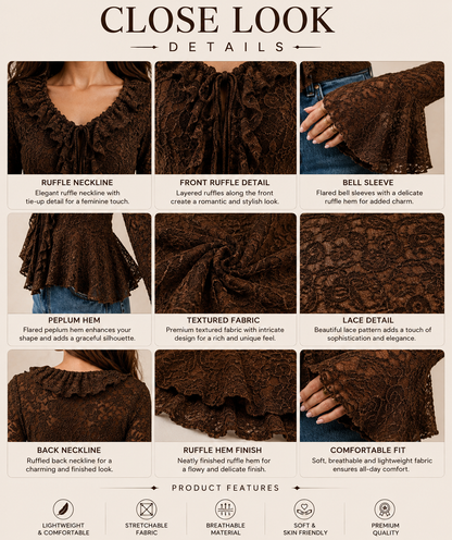 Chocolate Brown Textured Ruffle Top with Flared Sleeves