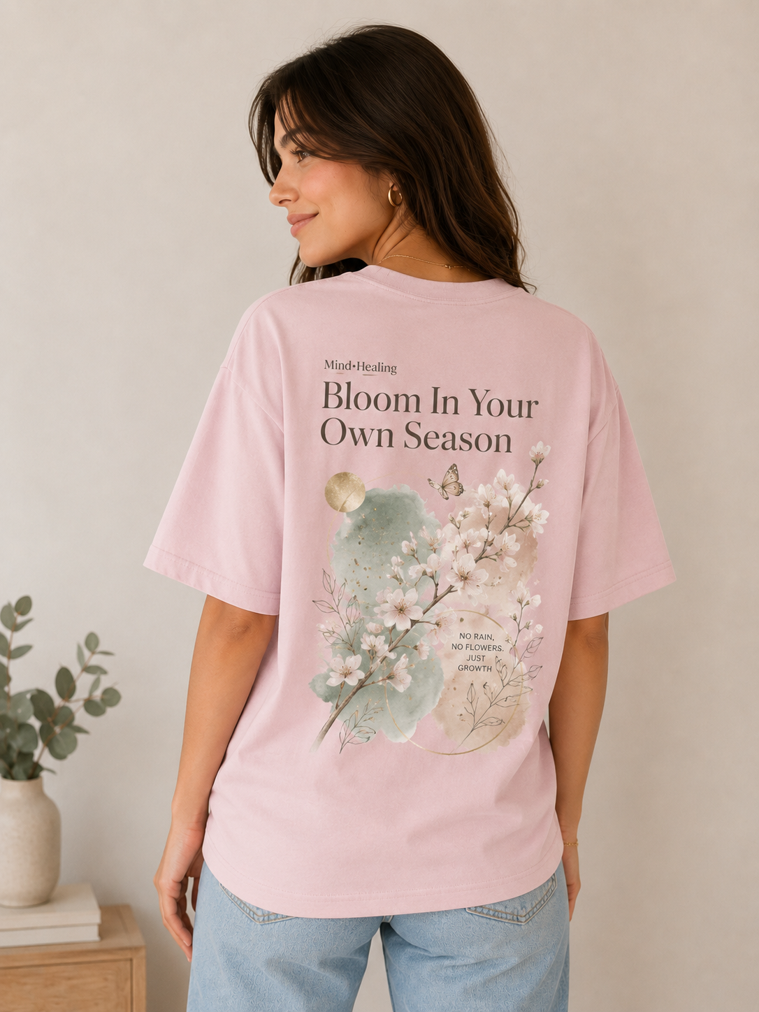 Bloom In Your Own Season Pink Oversized Graphic Printed T-Shirt for Women