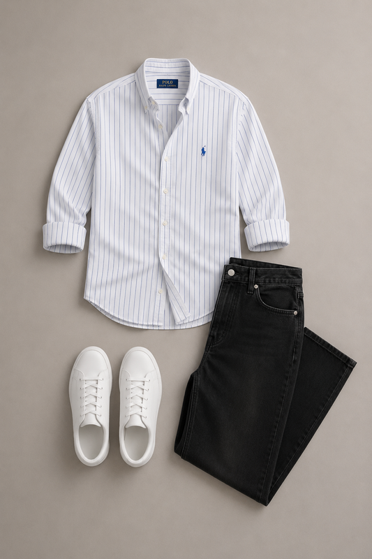 Men's White Pinstripe Shirt Combo with Black Wide-Leg Jeans & White Sneakers – Smart Casual Outfit Set