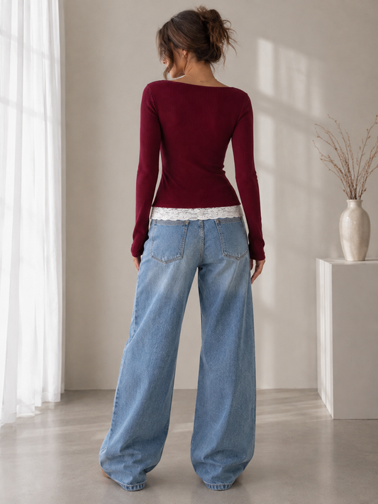 Burgundy Lace-Trimmed Ribbed Long Sleeve Top