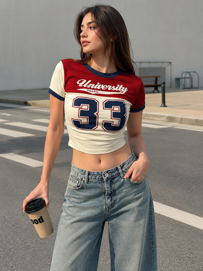 Red & White University 33 Cropped Racer Tee