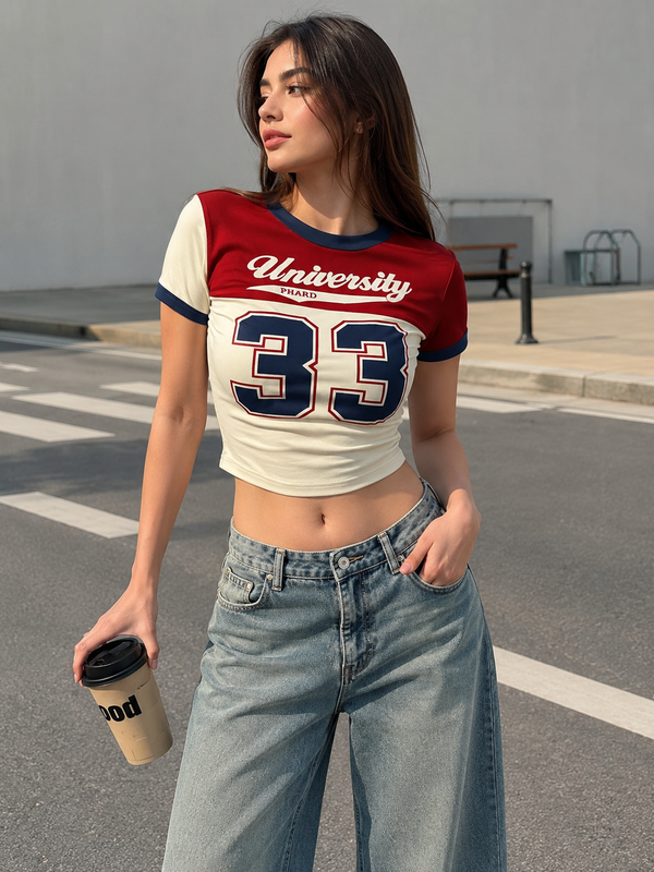 Red & White University 33 Cropped Racer Tee