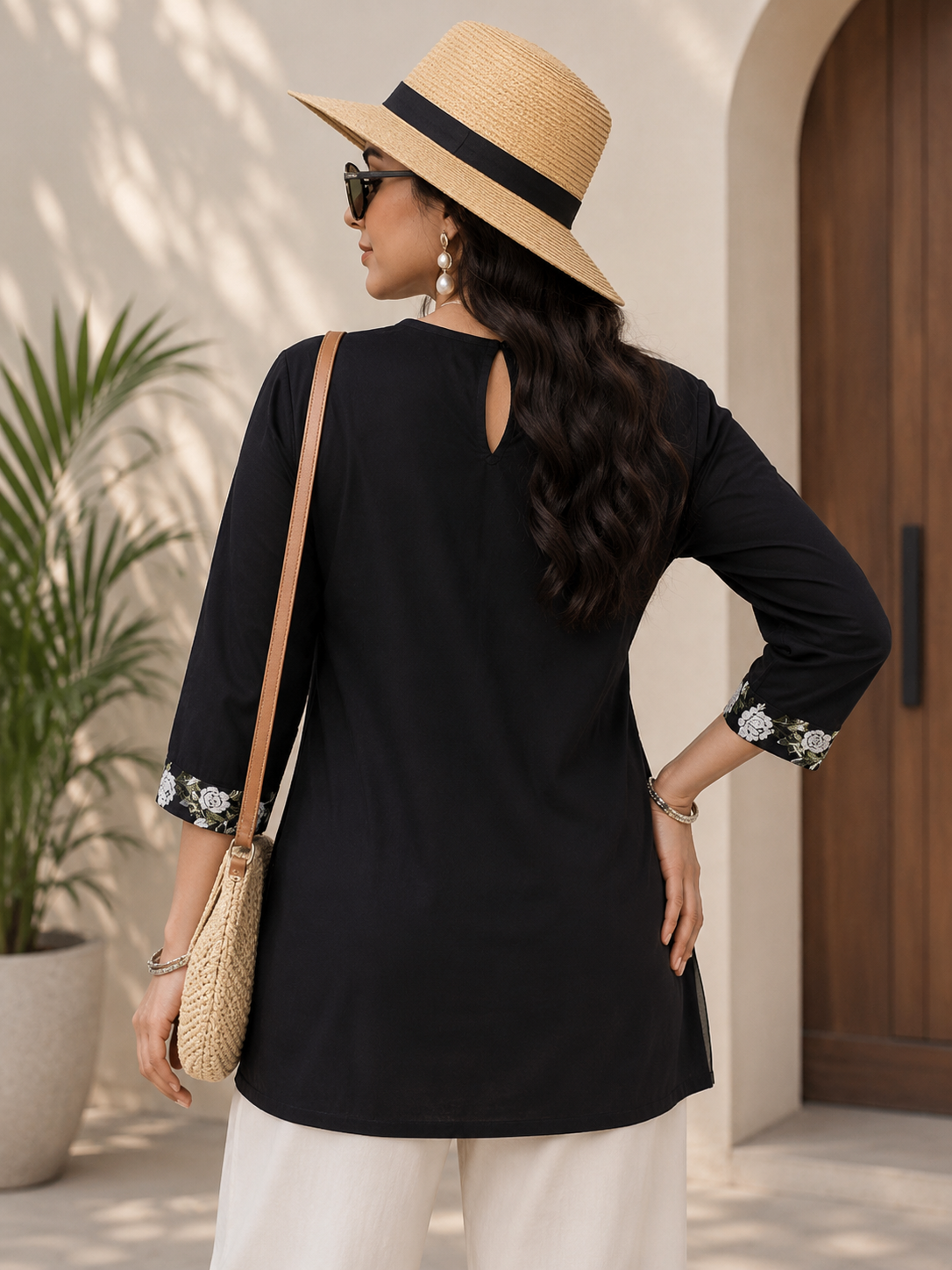 Black Floral Border Pleated Front Kurti for Women