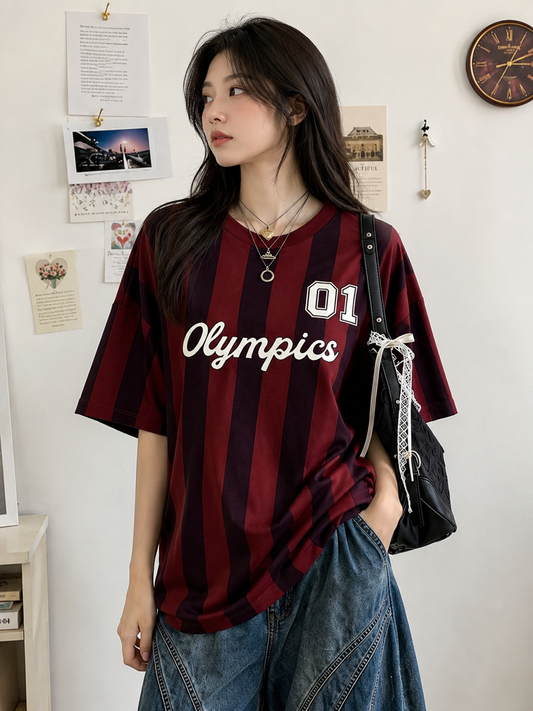Maroon & Black Striped Oversized Olympics T-Shirt for Women