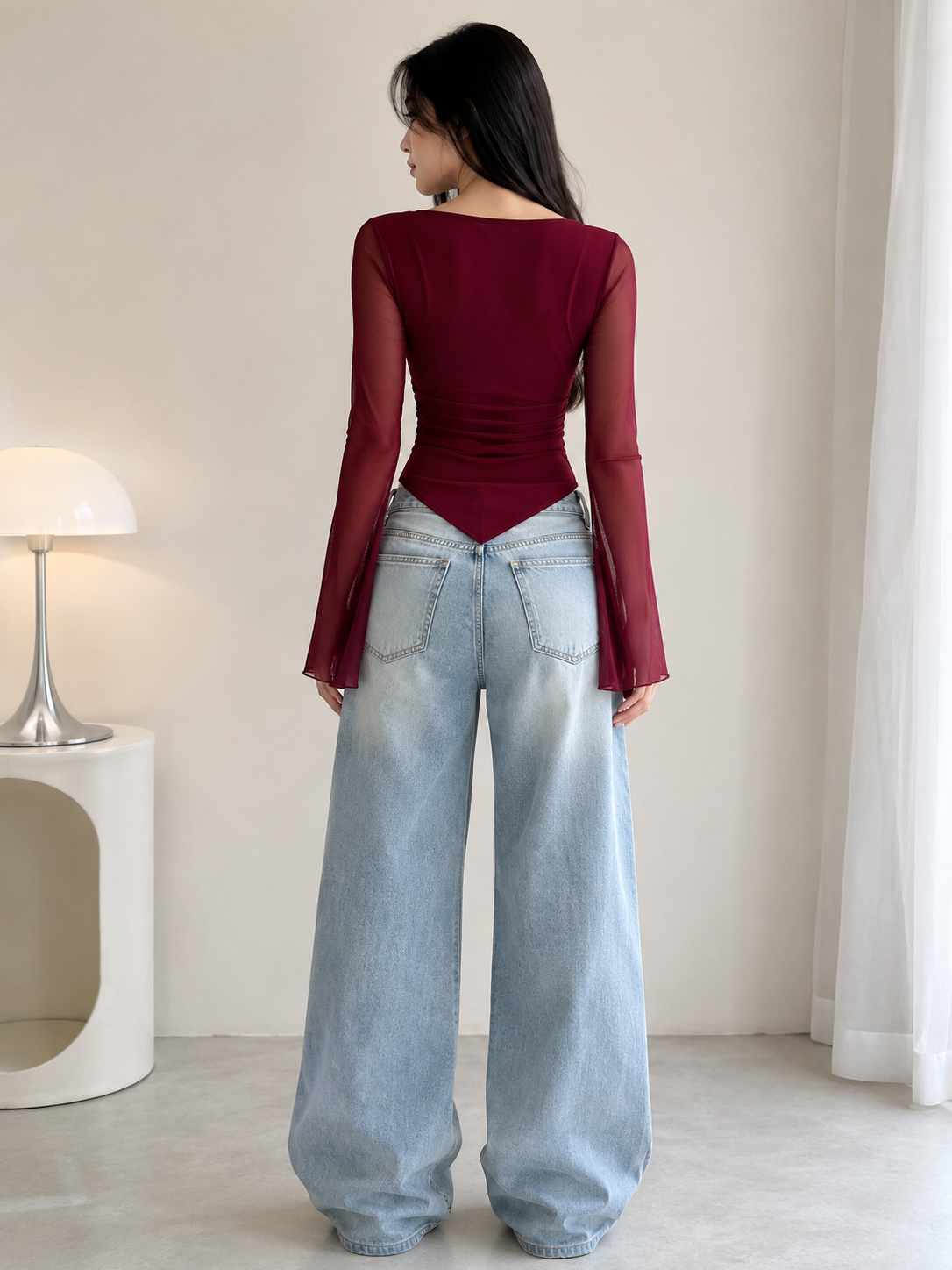 Burgundy Cowl Neck Top with Mesh Bell Sleeves