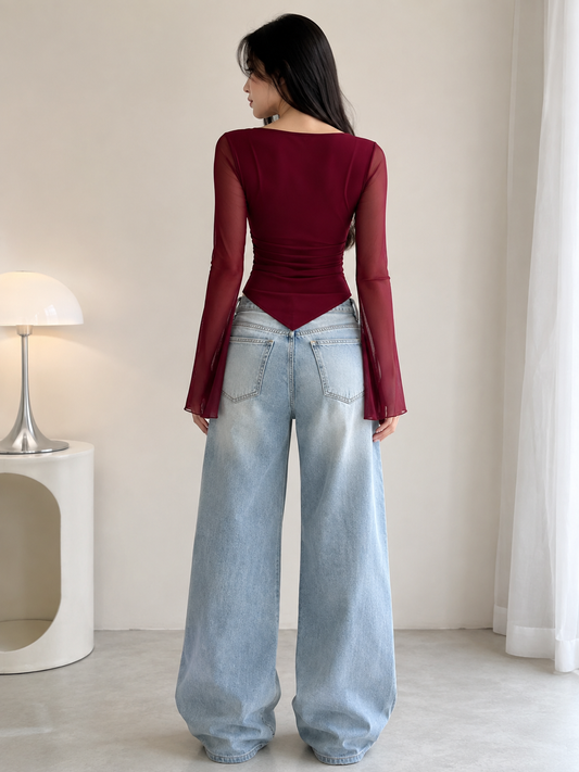 Burgundy Cowl Neck Top with Mesh Bell Sleeves