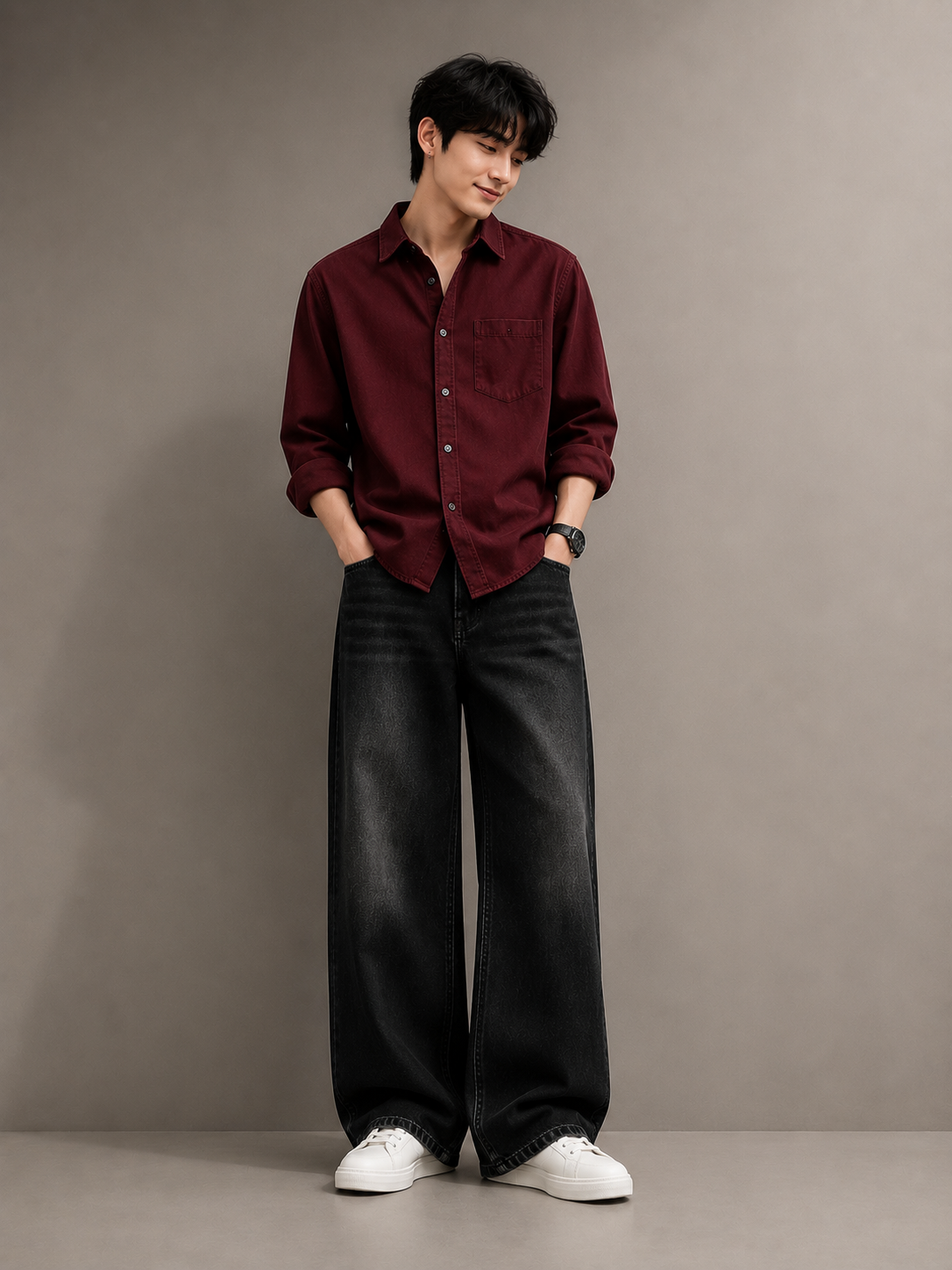 Men's Maroon Casual Shirt Combo with Black Wide-Leg Jeans & White Sneakers – Trendy Streetwear Outfit Set