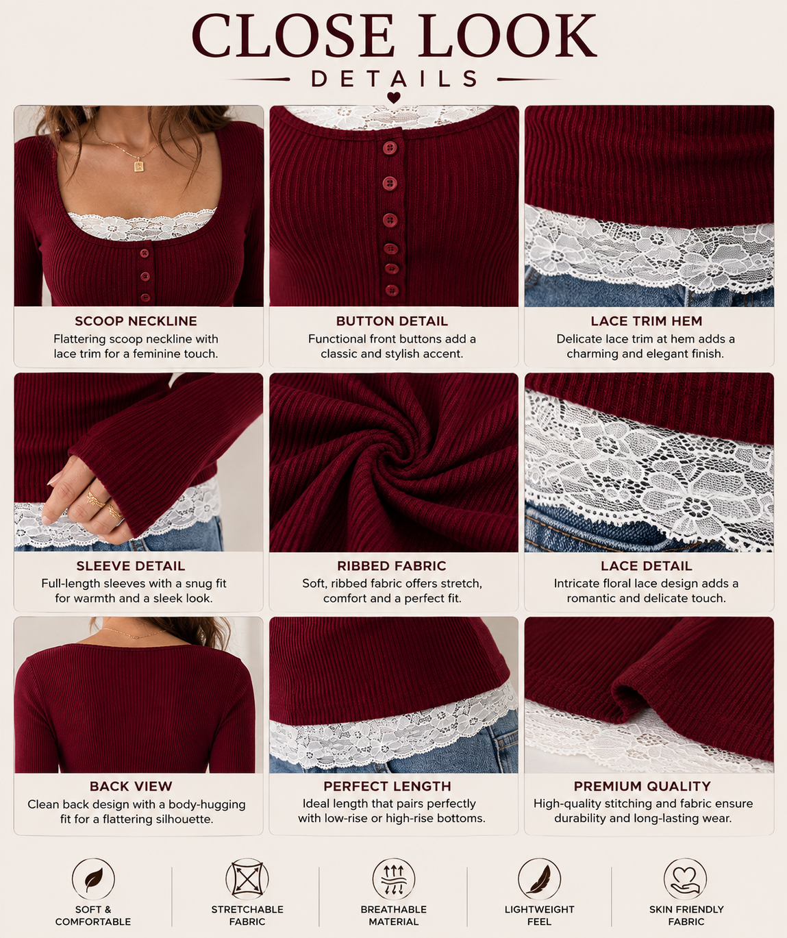 Burgundy Lace-Trimmed Ribbed Long Sleeve Top