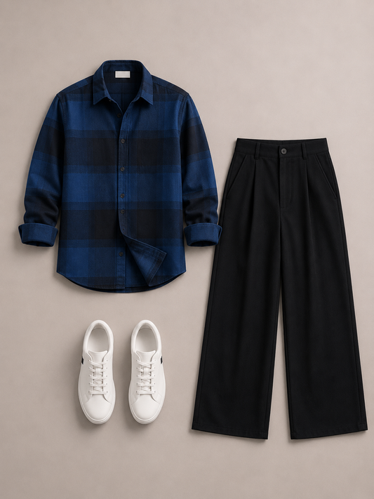 Men's Navy Checkered Shirt Combo with Black Wide-Leg Trousers & White Sneakers – Smart Casual Outfit Set