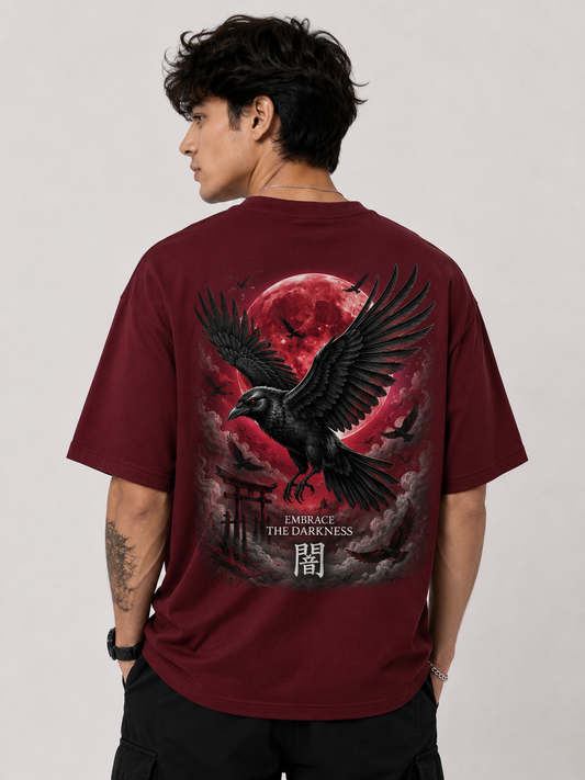 Crimson Raven Maroon Oversized Graphic Printed T-Shirt for Men