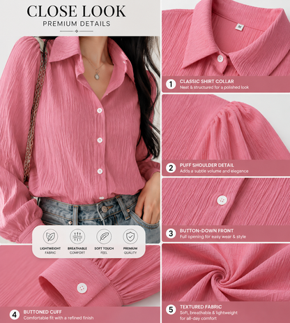 Pink Textured Puff Sleeve Shirt for Women