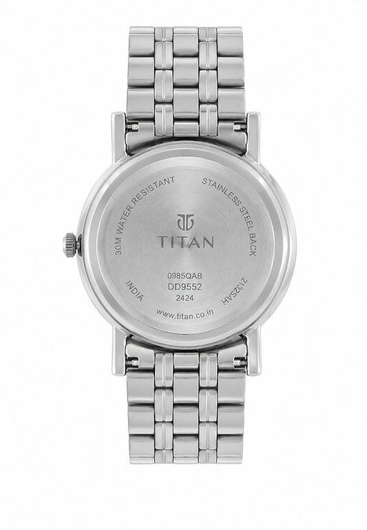 Titan Men's Analog Watch – Black Dial with Stainless Steel Silver Strap | Minimalist Premium Design