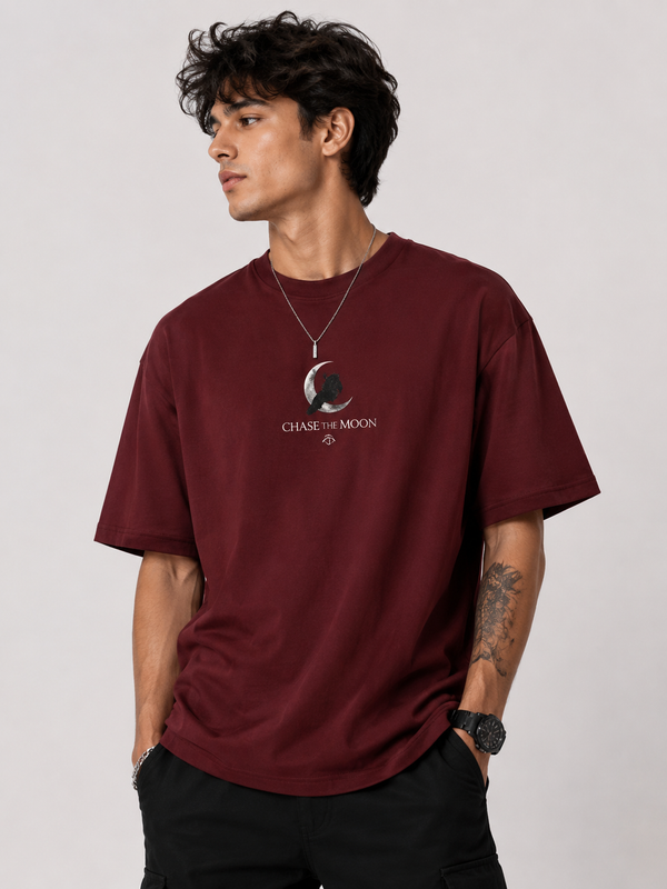 Crimson Raven Maroon Oversized Graphic Printed T-Shirt for Men